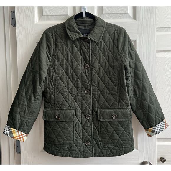 TALBOTS Moss Green Quilted Corduroy Plaid Cuffs Button Front Coat - Picture 2 of 12